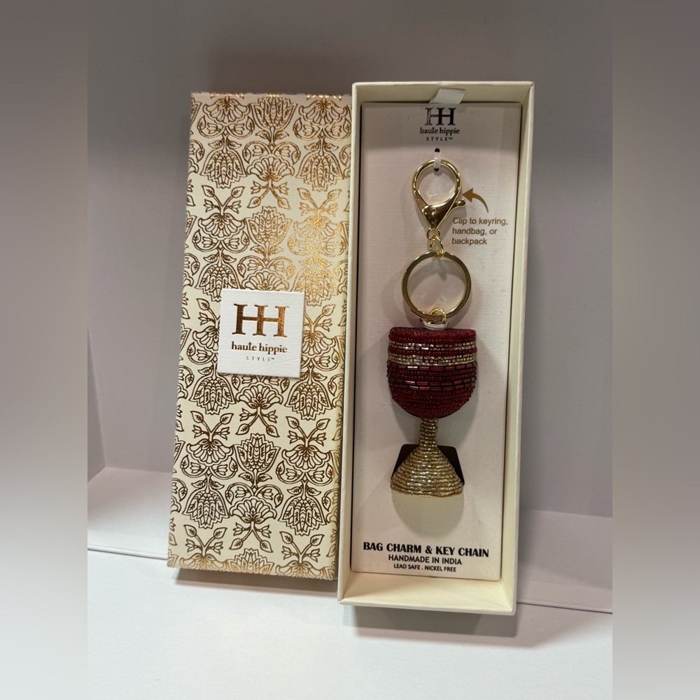 Haute Hippie Beaded Wine Glass Bag Charm Keychain Hand Beaded NIB
